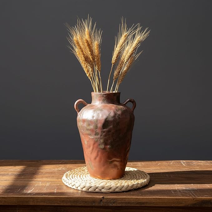 8IN Rustic Farmhouse Ceramic Vase Home Decor, Vintage Stoneware Clay Pottery Terracotta Textured for Modern Farmhouse, Living Room, Office Desk Table Shelf（Brown and Green）