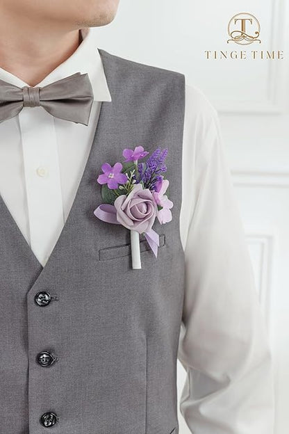 TINGE TIME Lavender Boutonniere for Men Wedding, Set of 2, Groom Groomsmen Boutineers Decor for Ceremony Anniversary, Formal Dinner Homecoming and Rustic Vintage Wedding