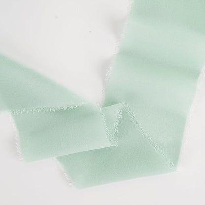 MEEDEE Mint Green Chiffon Ribbon 3 Inch Green Frayed Chiffon Silk Fringe Ribbon Wide Chiffon for Crafts, Flower Bouquet, Wedding Favors Wrapping (2 Rolls 10 Yards)