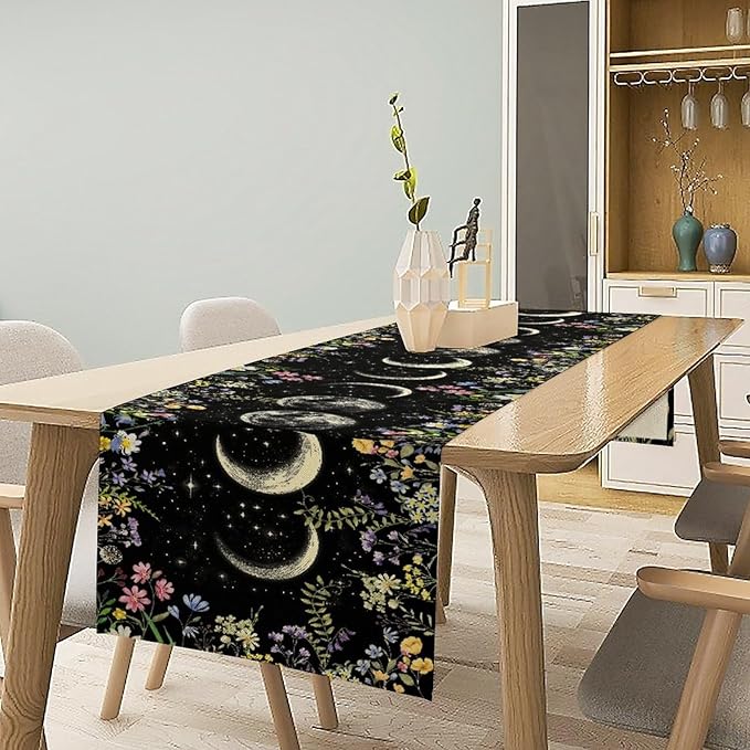 Wild Floral Table Runner, Boho Spring Gothic Moon Phase Wildflower Mystical Witchy Farmhouse Coffee Table Center Decor for Home Kitchen Dining Patio Holiday Party Table Decorations 13x36 inches