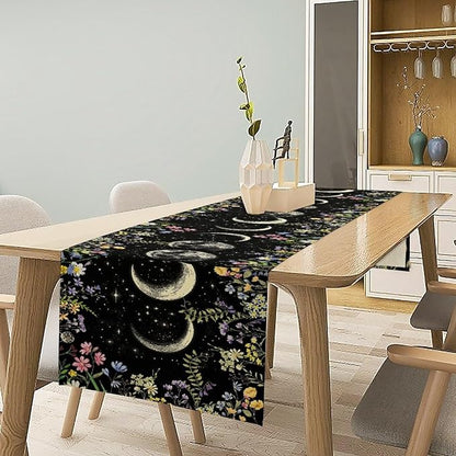 Wild Floral Table Runner, Boho Spring Gothic Moon Phase Wildflower Mystical Witchy Farmhouse Coffee Table Center Decor for Home Kitchen Dining Patio Holiday Party Table Decorations 13x36 inches