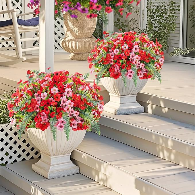 Artificial Faux Plants Flowers Outdoor Decoration,16 Bundles Fake Silk Colorful Daisy Eucalyptus Realistic UV Resistant for Outside Home Planter Porch Patio Yard Decor (red Pink)