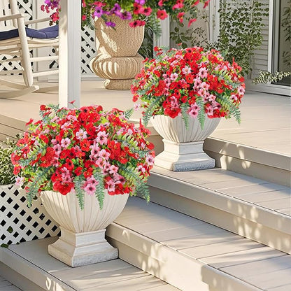 Artificial Faux Plants Flowers Outdoor Decoration,16 Bundles Fake Silk Colorful Daisy Eucalyptus Realistic UV Resistant for Outside Home Planter Porch Patio Yard Decor (red Pink)
