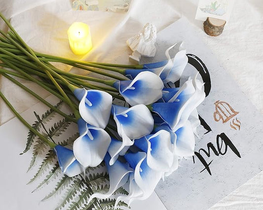 DuHouse 20Pcs Artificial Calla Lily Flower Real Touch Latex Flowers for DIY Wedding Bouquet Party Home Decor (Blue White)