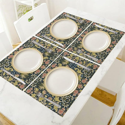 William Morris Vintage Flower Placemats Boho Rural Farmhouse Art Printed Dining Table Mats Set of 4 for Home Kitchen Holiday Picnic Party Decor 12x18in