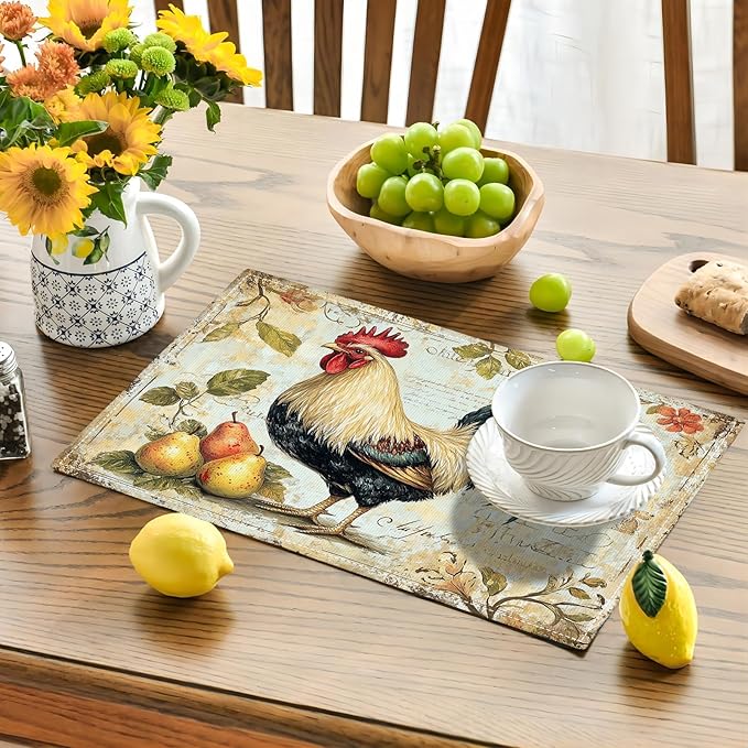 Farmhouse Rooster Placemats Set of 4, Rustic Chicken Place Mats, Pear Dining Table Mats, Washable Placemats for Kitchen Dining Room Home Decor 18L'' × 12W''