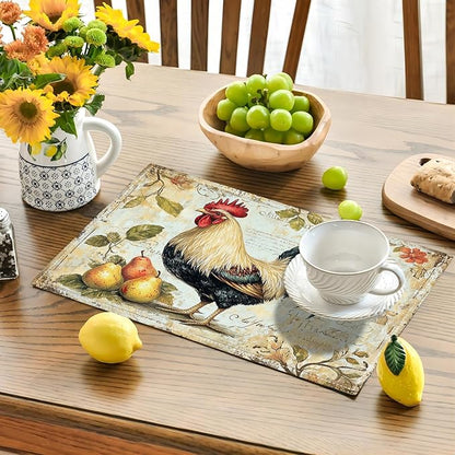 Farmhouse Rooster Placemats Set of 6, Rustic Chicken Place Mats, Pear Dining Table Mats, Washable Placemats for Kitchen Dining Room Home Decor 18L'' × 12W''