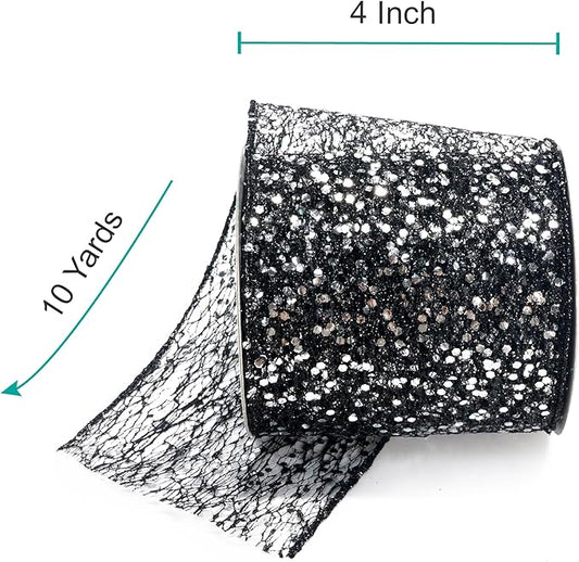 CT CRAFT LLC Sparkling Glitter Mesh Wired Ribbon 4" x 10 Yards Black for Christmas Home Decor Bow Gift Wrapping DIY Crafts Wreath