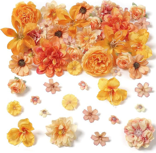 Artificial Flower Heads Combo - Orange Silk Dahlia & Roses Fake Flowers for Wedding, Party, Graduation Cap DIY, Cake Decoration, Table Centerpieces, Home Decor