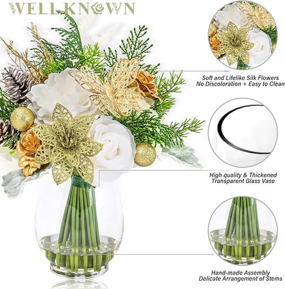 Fake Flowers in Vase, Golden Shimmer Poinsettia & Butterfly, Artificial Rose Flowers Arrangement Centerpiece for Dining Table Wedding Party Fall Winter Home Christmas Decor Gift (Gold White & Green)