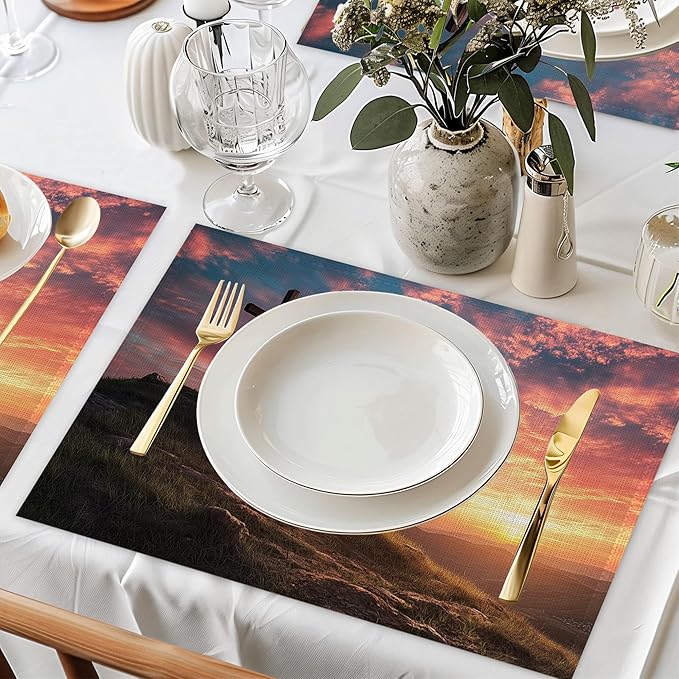 Cross Table Mats Set of 6,Sunset Mountain Non-Slip Washable Placemats for Restaurant Home Kitchen Dinner Table 12x18Inch