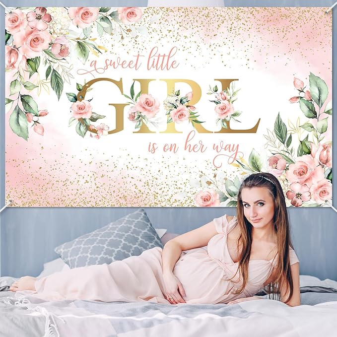 Avezano Girl Baby Shower Backdrop Pink Floral Sweet Baby Baby Shower Banner A Sweet Little Girl is on Her Way Party Decorations Banner 70.8 x 43.3 Inch