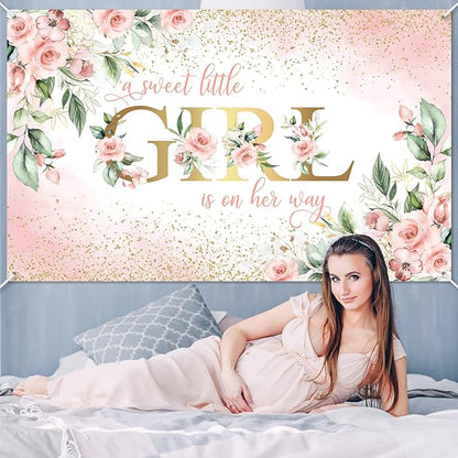 Avezano Girl Baby Shower Backdrop Pink Floral Sweet Baby Baby Shower Banner A Sweet Little Girl is on Her Way Party Decorations Banner 70.8 x 43.3 Inch