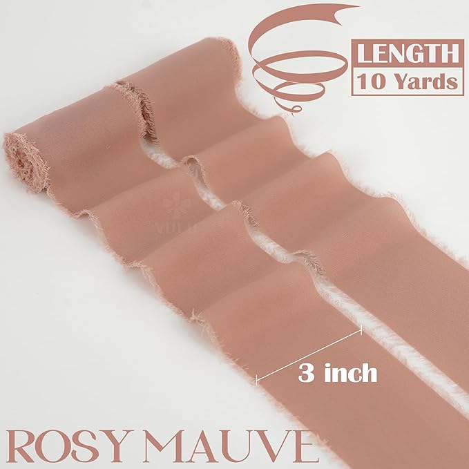 MEEDEE Rosy Mauve Chiffon Ribbon 3 Inch Fringe Ribbons Pink Chiffon Silk Frayed Edge Ribbon Wide Chiffon Ribbons for Crafts, Flower Bouquet, Wedding Favors Wrapping (2 Rolls 10 Yards)