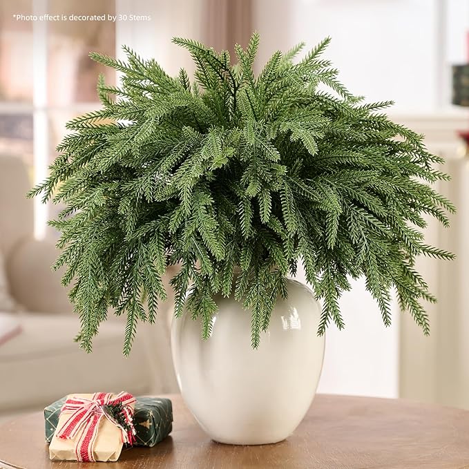 30Pcs 18'' Norfolk Pine Stems Realistic, Lifelike Christmas Greenery Pine Branches for DIY Wreaths, Vase Fillers, Indoor Outdoor Decor, Real Touch Christmas Decorations for Table, Mantle
