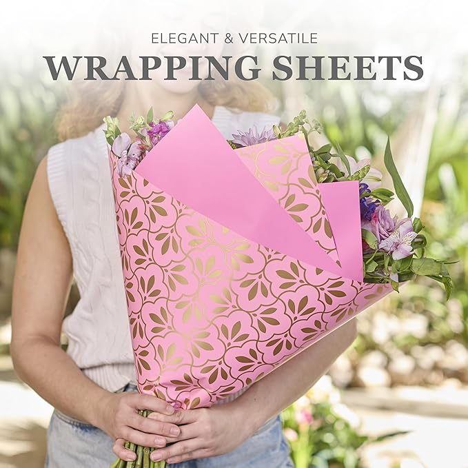the florist Supply 20 Sheets Premium Flower Wrapping Paper | Waterproof Flower Wrapping Paper for Bouquets | Double Sided Floral Bouquet Sheets | DIY Gifts Isabella Light Pink/Gold