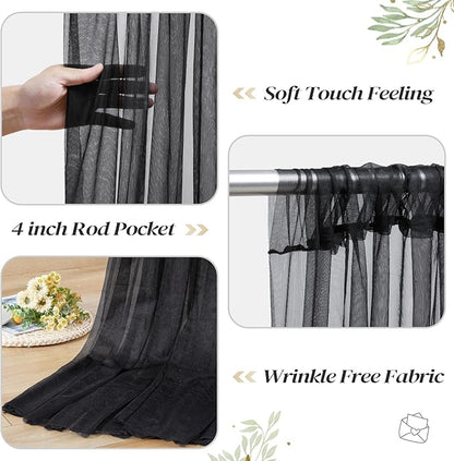 30ft x 10ft Black Backdrop Curtain with Lights String for Parties, Sheer Tulle Wedding Photo Backdrops Drapes for Baby Shower Birthday Party Decorations Background for Photography