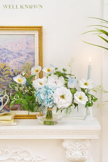 WELL KNOWN Artificial Silk Flowers Bouquet with Vase, Fake Flower Arrangements in Glass Vase with Faux Water for Spring Summer Seasonal Home Office Hotel Wedding Table Decor (Blue in Spring)
