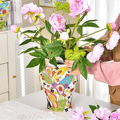 Sungmor Decorative Ceramic Ginger Jar with Lid, Floral Pattern Porcelain Temple Storage Jar, 14" Hand Painted Ceramic Flower Vase for Centerpiece, White Glazed Vase for Flower Arrangement, Home Decor