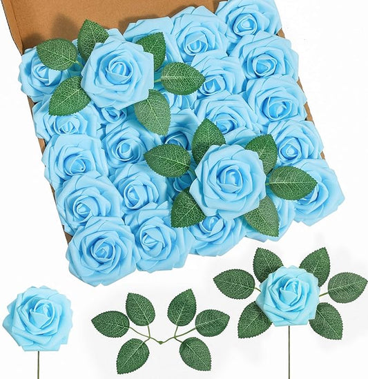 DuHouse 25Pcs Artificial Roses Flowers Fake Rose with Stems Real Touch Foam Flowers for DIY Wedding Bouquet Baby Shower Centerpiece Floral Arrangement Party Home Decor (Sky Blue)