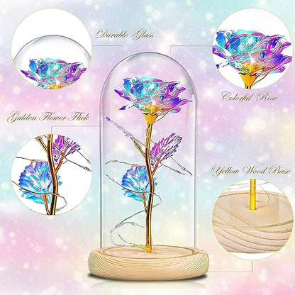 QUNPON Womens Gifts for Christmas Flowers Gifts Women,Mom Grandma Sister for Girlfriend Her Wife Friends,Birthday Gifts for Women,Rainbow Galaxy Glass Rose Gifts for Christmas,Valentines Day