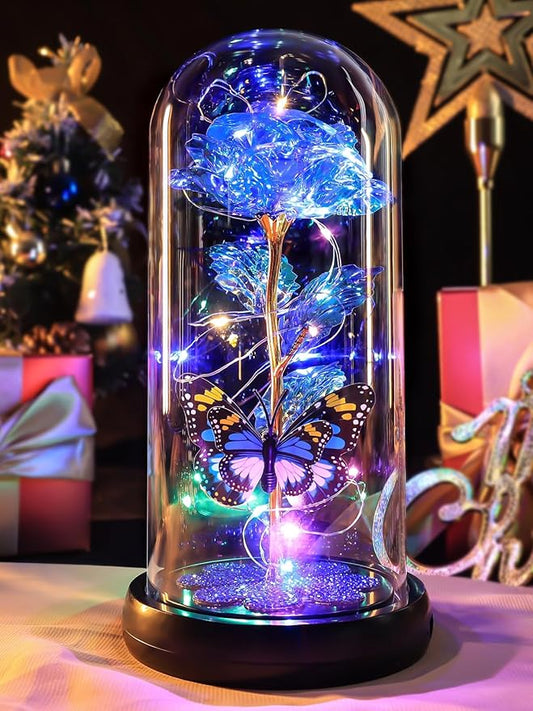 Christmas Rose Gifts for Women, Womens Gift for Christmas Rechargeable Galaxy Glass Rose Light Up Roses In Glass Dome Crystal Flower Butterfly Birthday Xmas Gifts for Women Mom Wife Grandma Her Blue