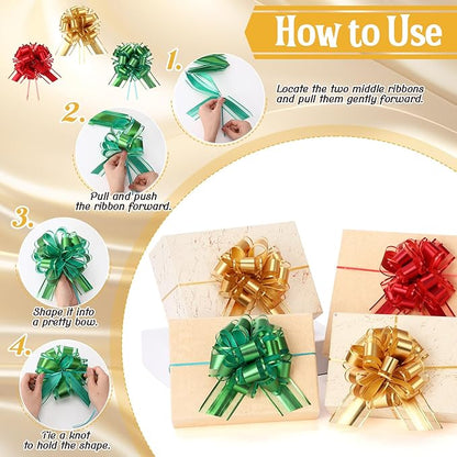 48 Pcs Christmas Large Pull Bows for Gift Wrapping 6 Inch Colorful Ribbon Pull Bows for Presents Boxes Basket Gifts Wrapping Xmas Birthday Wedding Holiday Party Decoration(Gold Red Green)