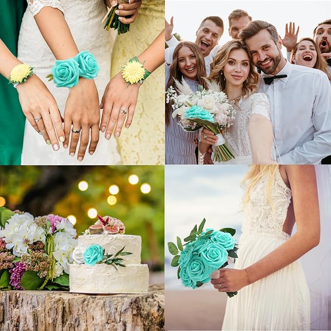 JOYLEX Artificial Flowers Realistic Roses, Real Looking Fake Roses with Stem for DIY Wedding Bouquets Centerpieces Bridal Shower Party Home Romantic Decorations (Turquoise, 100pcs)