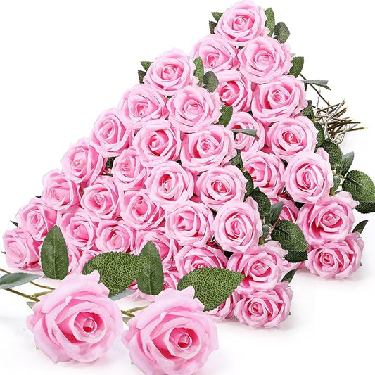 Jexine 60 PCS Artificial Roses Bulk Silk Flowers with Long Stems, Realistic Faux Rose Bouquet for Wedding Centerpieces, Valentine’s Party, Home Decor(Pink)