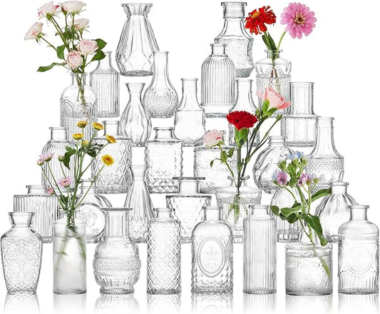 Glass Bud Vase Set of 32 Pcs, Vintage Clear Small Glass Vases for Flowers, Glass Bud Vases in Bulk, Mini Vase for Centerpieces, Wedding, Home Decor and Events