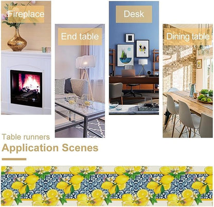 Lemon Table Runner,Summer Blue Tiles Lemons Kitchen Dining Table Decoration Lemons Table Cover for Indoor Outdoor Home Party Decor, 13 x70 Inch