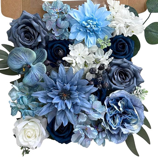 ASTRYAS Dusty Blue Artificial Flowers Combo Fake Silk Dahlia Roses with Stem for DIY Wedding Bouquet Arrangements Bridal Shower Party Home Decorations
