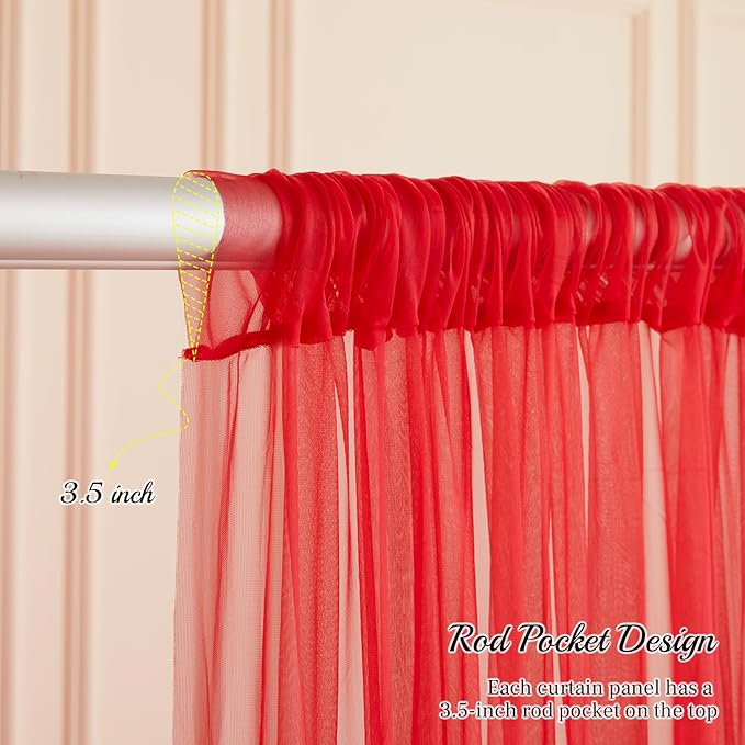 10x10ft Red Tulle Backdrop Curtain with Lights String for Parites, Sheer Backdrop Curtains for Christmas Wedding Baby Shower Birthday Party Photo Shoot Decorations