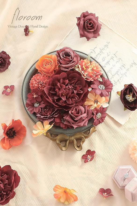 Floroom Mini Artificial Flower Heads Burnt Orange & Burgundy Fake Peony Daisy Rose Multicolor Small Faux Silk Flower Heads for Cake Craft Garland Wedding Party Graduation Cap DIY Home Decoration