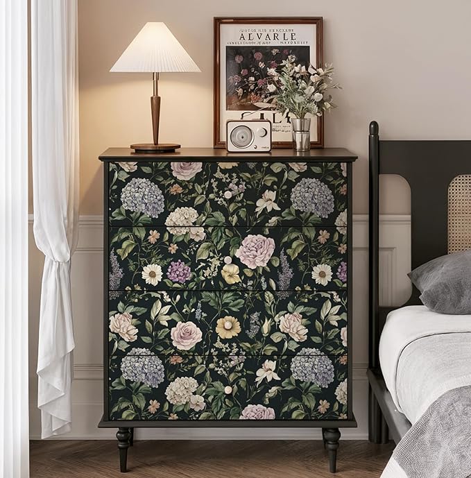 HeloHo Vintage Floral Peel and Stick Wallpaper 17.3"x393.7" Boho Contact Paper Dark Flower Self-Adhesive Removable Wallpaper Renter Friendly Botanical Wall Paper for Cabinets Bedroom Vinyl Rolls