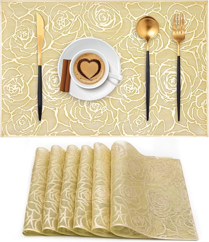 Gold Placemats Set of 6 Rectangle Pressed Vinyl Metallic Flower Place Mats Hollow-Out Rose Heat Resistant Waterproof Oil-Proof Table Mats Decorative for Kitchen Table Holiday Wedding Party Decor