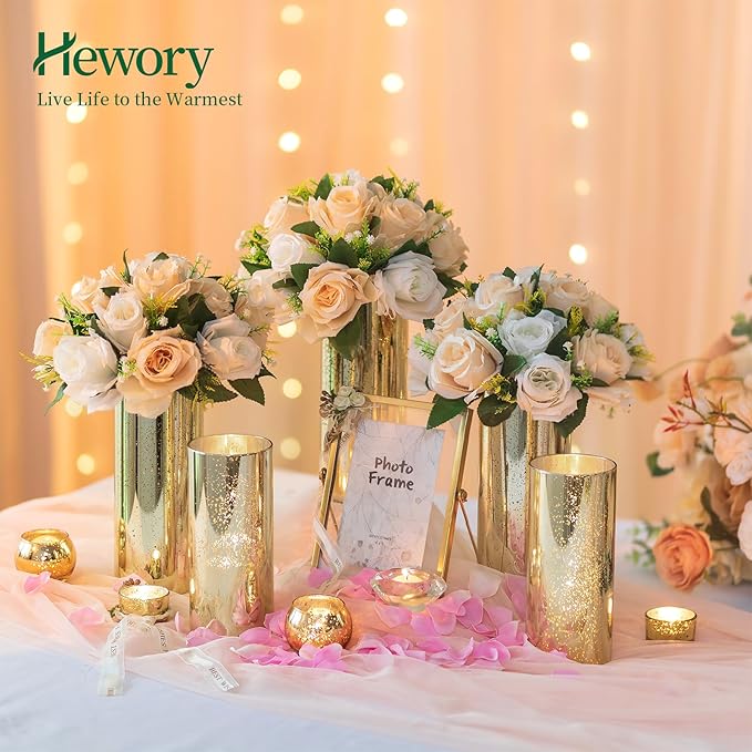 Glass Cylinder Vases Set of 2, Hewory Glittery Gold Vase for Centerpieces, Glass Hurricane Candle Holders for Pillar Floating Candle, Tall Round Vase for Wedding Anniversary Events Home Table Decor