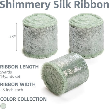 Sage Green Silk Chiffon Ribbon,Frayed Shimmery Silk Ribbon for Bridal Flower Bouquet Christmas Gift Wrapping Wedding Decor Invitations Decorations 1.5" x 15 Yards (5Yards X 3 Rolls)