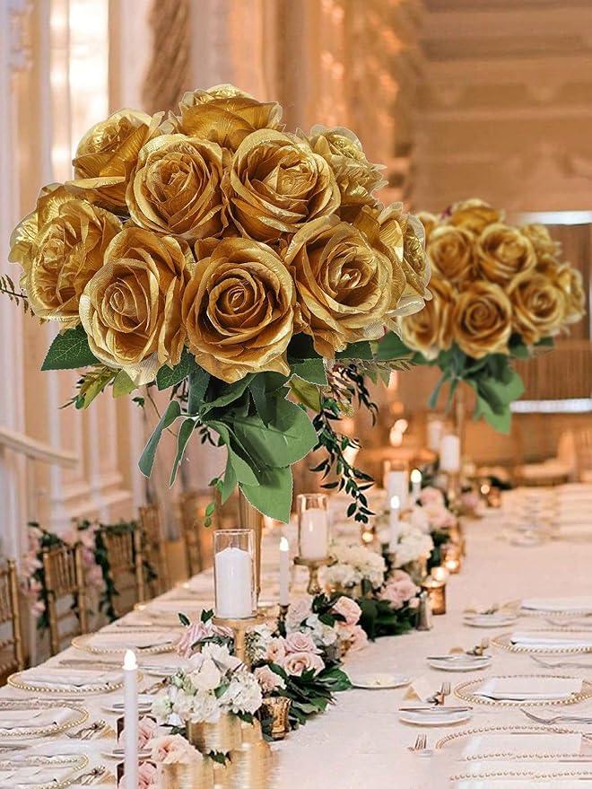 LFF 10pcs Silk Roses Artificial Flowers Fake Long Stem Roses for DIY Wedding Bouquet Home Decoration (Gold)