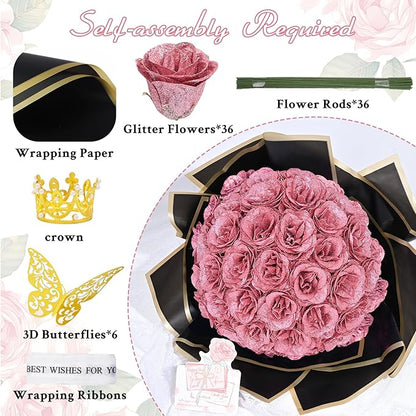Waipfaru Glitter Roses Bouquet, DIY Fake Flowers Bouquet, Rose Gold Artificial Flower, Valentines, Anniversary, Engagement, Wedding, 36 Pcs