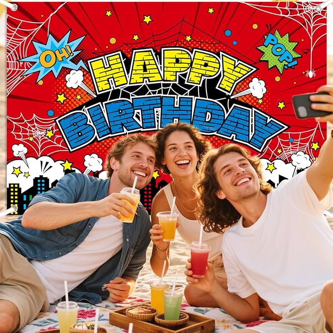 Spider Birthday Backdrop, 150x100cm/5x3ft Red Polyester Large Spider Web Happy Birthday Banner Backdrop for Boys Girls Themed Party Decorations & Photo Booth Props