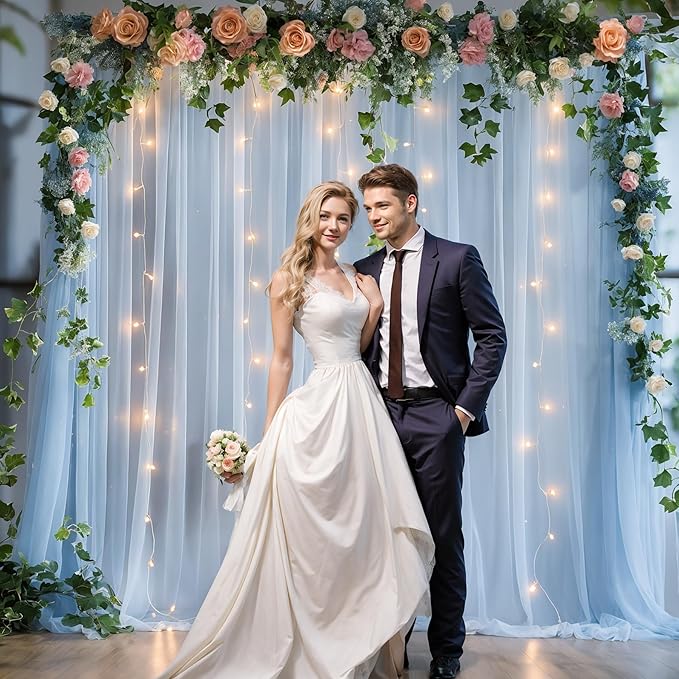 20x10ft Baby Blue Tulle Backdrop Curtain with Lights String for Parites, Sheer Backdrop Curtains for Wedding Baby Shower Birthday Party Photo Shoot Decorations