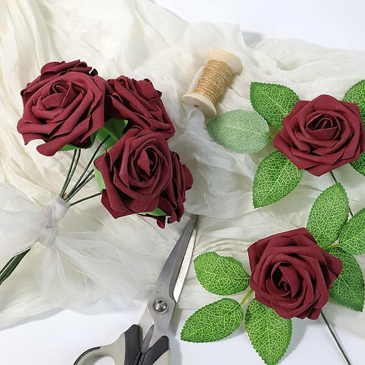 Meldel Artificial Flower 25pcs Real Touch Burgundy Rose Fake Foam Roses with Stems for DIY Wedding Bouquets Gifts Bridal Shower Faux Floral Centerpieces Arrangements Home Party Tables Decorations