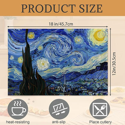 Starry Night Placemats Set of 6,Washable Heat Resistant 12×18 Inch Linen Table Mats,Place Mats for Party Outdoor Dining Décor