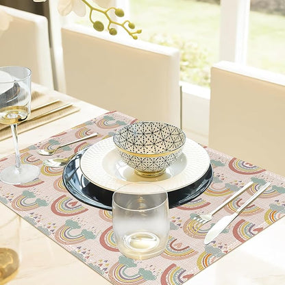 Rainbow Heart Placemats,Boho Whimsical Table Mats Set of 6,12x18 Inch,Waterproof Oil-Proof Washable and Reusable Linen placemats Holiday Party Kitchen Table Decorations