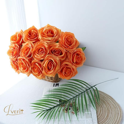 12pcs Artificial Rose Flower Orange Rose Orange Flower with Long Stem Silk Roses Bouquet for Wedding Bridal Shower Party Home Decoration