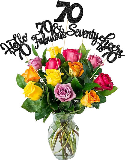 Gyufise 15Pcs 70th Birthday Centerpiece Sticks Seventy Happy 70th Table Flower Centerpieces Sticks Cheers to 70 Floral Decorations for 70th Birthday Party Centerpieces Supplies Black