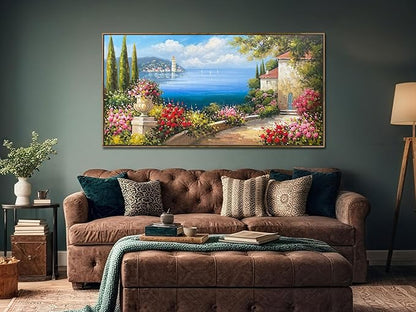 Arjun Large Wood Framed Landscape Wall Art Canvas Living Room Hand Painted, Mediterranean Seascape Painting Bedroom Flower Blue Ocean Picture Artwork Home Office Wall Decor, 48"x24"