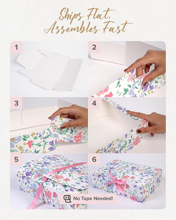HummingBox Floral Gift Box Set of 16 - Gift Boxes for Presents & gifting on weddings, birthdays & more - Easy to Assemble Floral Gift Boxes With Lids & Ribbon Closure - Decorative Boxes With Lids