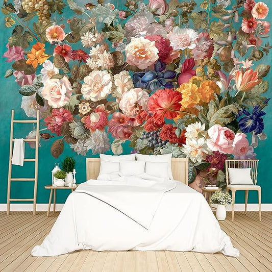 Floral Wallpaper Pink Peony murals Girls Bedroom Botanical Rose Flowers Leaf Aesthetic Room Decor Home Living Room tv Background Large Wall Mural - 183"x120" Not Peel and Stick